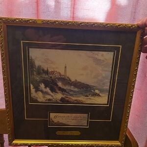 Gold Framed Thomas Kinkade "Clearing Storms" Lighthouse Art Print With COA